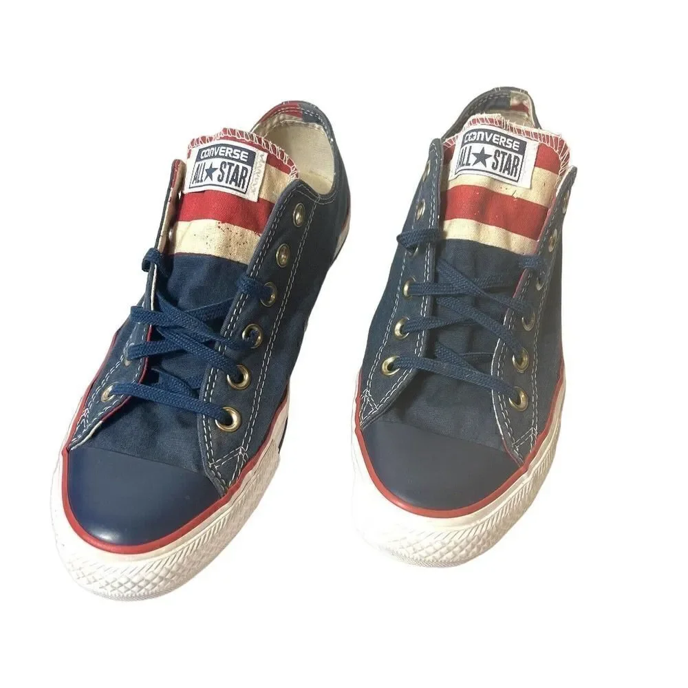 Converse All Star Skate Shoe Men 7 Blue Red Cream Striped Tongue Low Top Lace Up